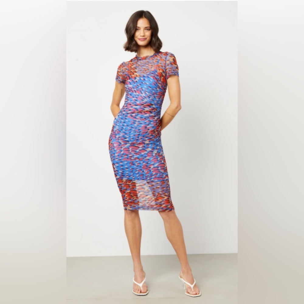BCBGMaxAzria Blue and Red Mesh Midi Dress